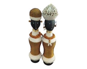 ON SALE!! Antique Southern African Beaded Fertility Figures with Gold and Cowrie Shell Adornments (Dolls) home decor African art