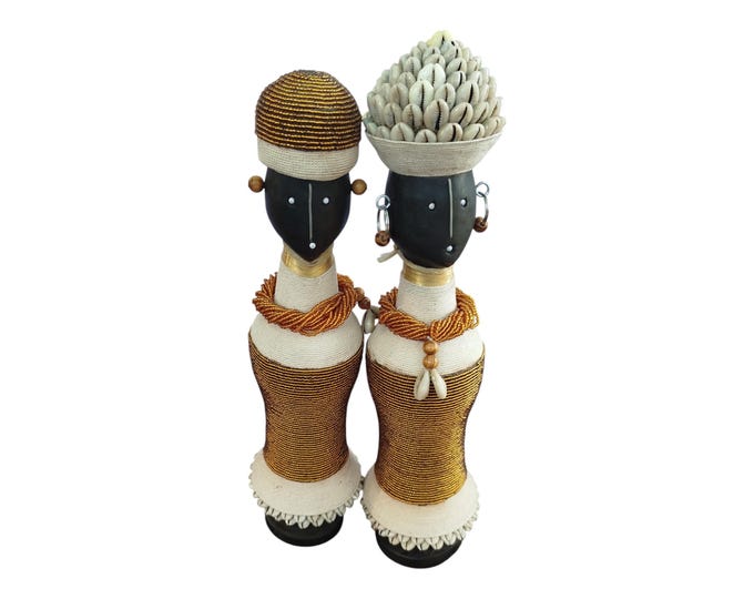 ON SALE!! Antique Southern African Beaded Fertility Figures with Gold and Cowrie Shell Adornments (Dolls) home decor African art