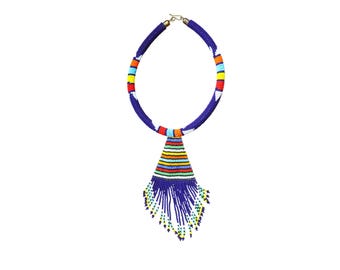 Deep Blue Beaded Choker Necklace | African Tribal Fringe Bib | Statement Collar
