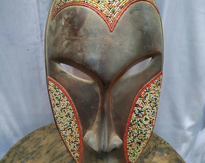 Authentic Punu African Mask in With beads (Hand-Carved Wood)(Democratic Republic of Congo Art gift wood Wall Hanging Home Decor