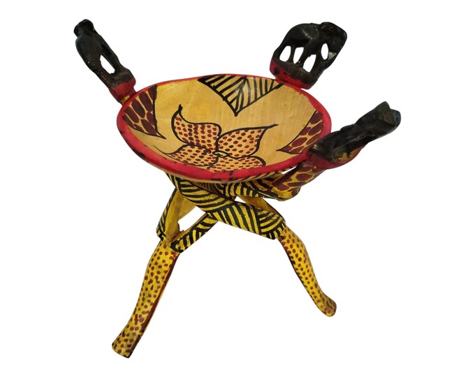 A Hand-Carved & Painted Wooden Bowl Stand with Elephant, Zebra And Giraffe Patterns - African Art Decor