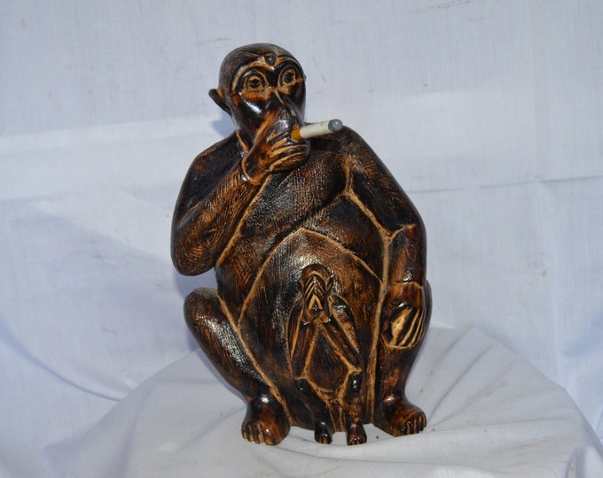 Carved Wooden Gorilla Smoking Cigarette Africa Safari
