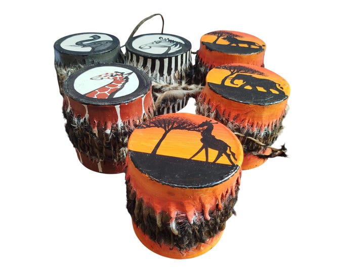 A Handcrafted Kenyan Set of 6 Mini Drums Wildlife Theme Souvenirs Lion Giraffe Zebra Rhino Bird Decor Collectibles