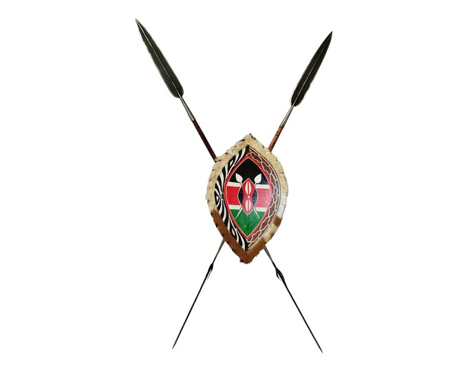 Defend & Display: Samburu Spears and Kenya Flag Shield Bundle 1 shield of your choice and 2 Samburu Spears