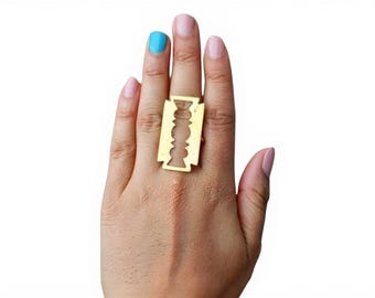 Edgy Brass Razor Blade Ring Statement Punk Jewelry Handmade Boho Chic Minimalist Design Unique Summer Outdoor Birthday Wedding Gift Bold Art