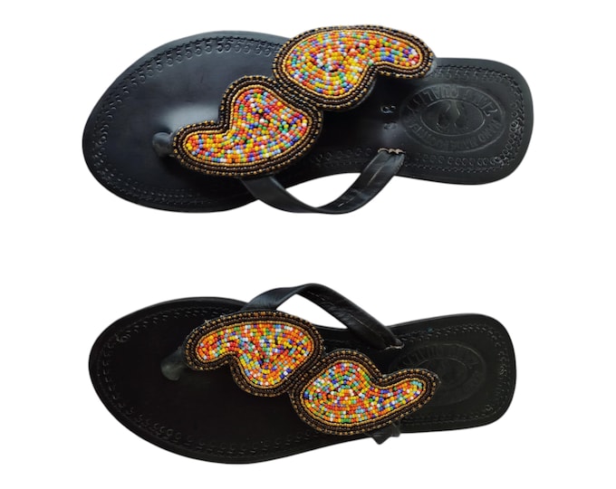 Colorful Heart Paisley Beaded Sandals Women Summer Beach Handmade African Wedding Bday Gift Unique Leather Beads Art Flip Flop Elegant Style