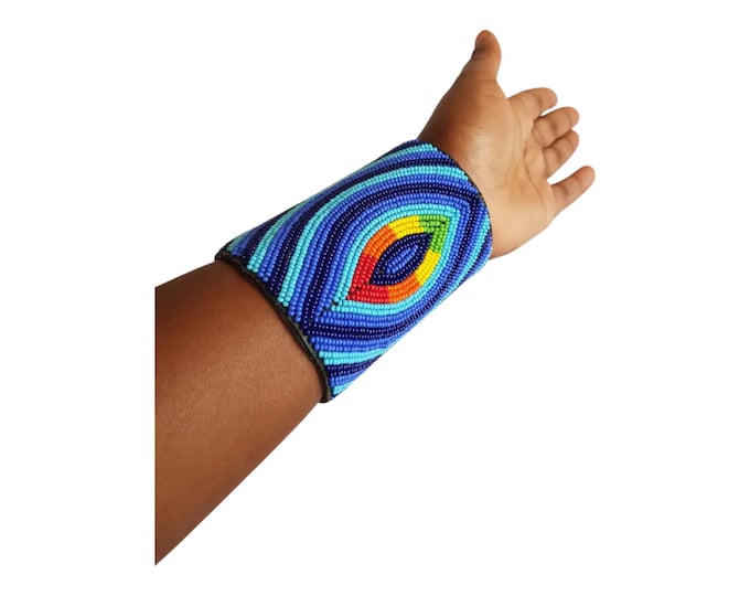 Striking Blue African Beaded Cuff Handmade Maasai Wide Armband Rainbow Eye Motif Statement Jewelry Unique Gift Finest Seed Beads Art