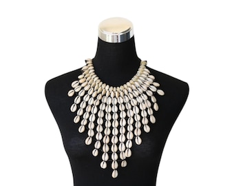 African Cowrie Shell Bib Necklace, Coastal Waterfall Choker