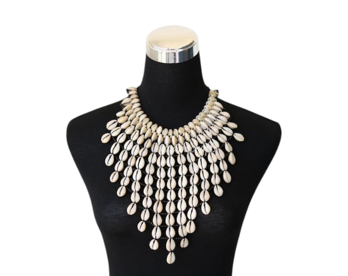 African Cowrie Shell Bib Necklace, Coastal Waterfall Choker