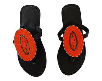 Orange Leaf Beaded Leather Sandals: Handmade African-Inspired Art