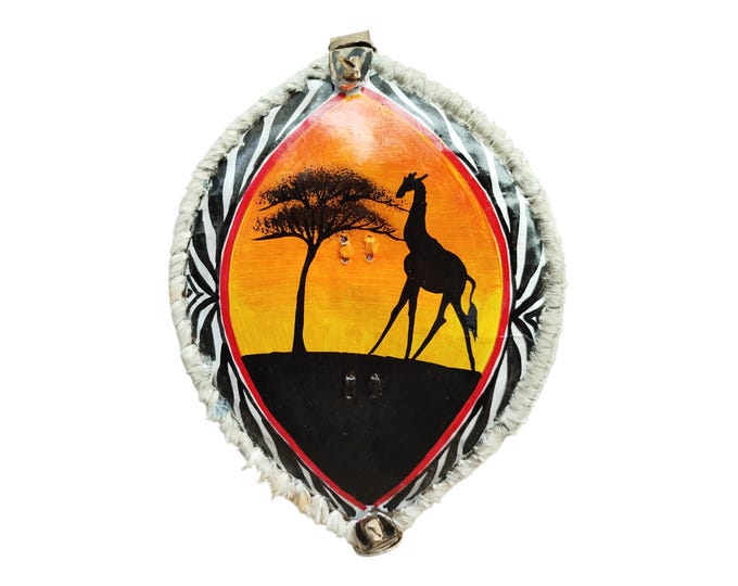 Hand Painted African Masai Shield Sunset Giraffe Silhouette Tribal Art Wall Decor Kenya Safari Wildlife Scenery Gift