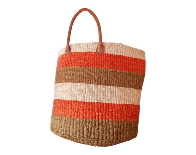 On sale Handwoven Kenyan Sisal Tote Bag with Leather Handles: Striped African Kiondo Decor Shopping Bag Laundry Basket Fiber Art