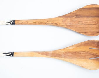 Salad Servers | Wooden Spoons | African Spoon | Tribal scooper | Zebra Design | Olive wood | Porcupine Pattern