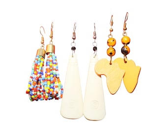 Set of 3 African Earrings | Beaded Tassel, Bone/Resin Teardrops & Wood Africa Map Dangles