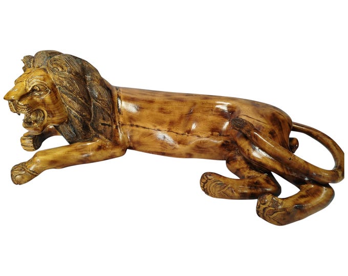 Hand-Carved Jacaranda Wood Laying Lion Sculpture - Majestic African Art Decor-Table top console top Art