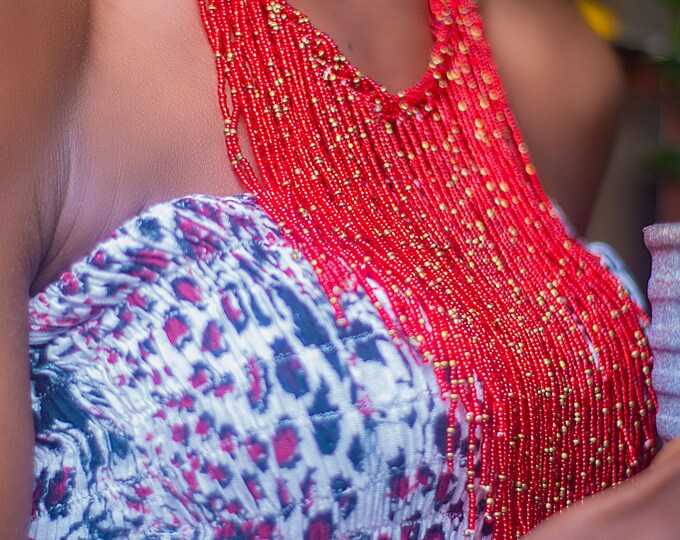 Beaded Red Gold African Necklace | Maasai Traditional | Gift for Her