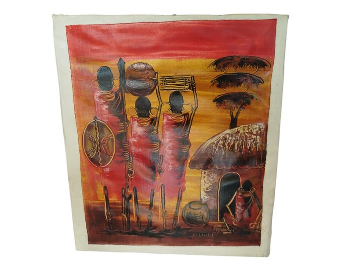A Sunset Hues: Maasai Women & Homestead Hand-Painted Wall Art - Unique Home decor