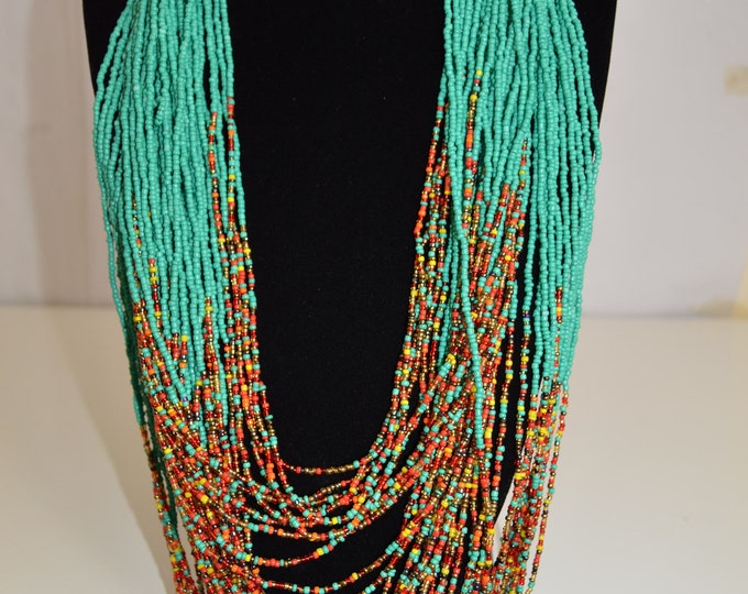 Beaded Green Red African Scarf Necklace | Maasai Traditional | Gift for Her
