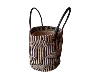 Small Handwoven African Sisal Bucket Bag, Black & Natural Fiber Tote with Leather Handles, Ethical Chic Handbag, Kenyan Market Basket Purse