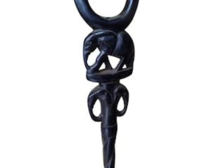 On Sale: Hand-Carved African Ebony Walking Cane with Elephant & Figure Status Pointing Maasai Stick Dapper Gentleman Royalty