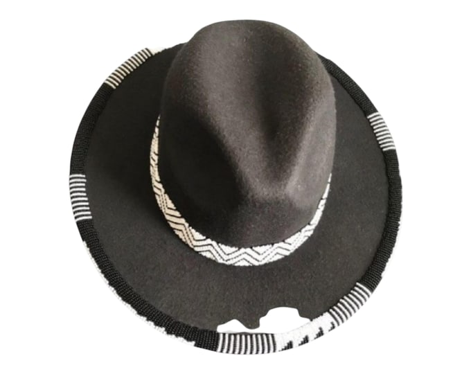 Handmade African Beaded Fedora Hat, Black Felt Wide Brim, Maasai Style Festival Cap