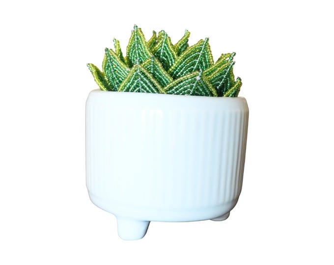 Handmade Beaded Succulent Plant in Pot, Green African Wire Seed Bead Cactus Sculpture, Desk Decor, Boho Shelf Accent Gift