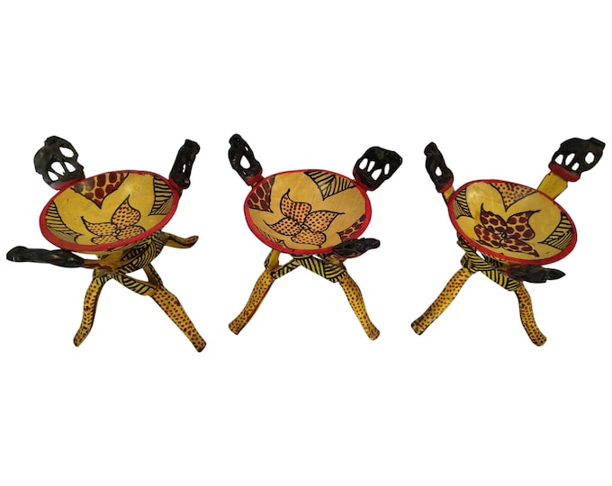 A Hand-Carved & Painted Ebony Wood Bowl Stand with Zebra, Giraffe and Elephant Motifs - African Art Decor