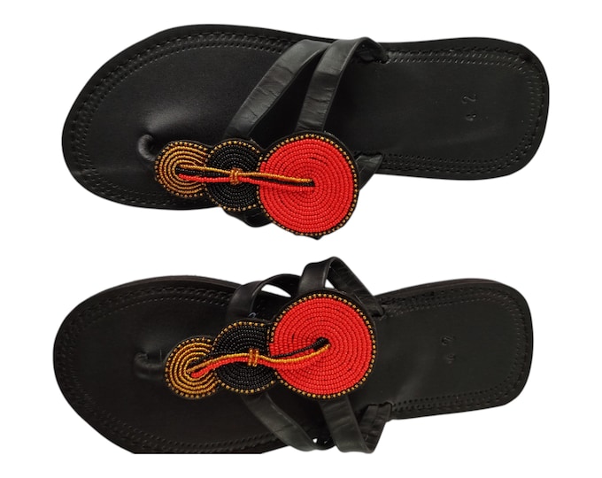 Red Black Gold Circle Beaded Sandals Women Summer Beach Handmade African Wedding Bday Gift Unique Leather Art Finest Beads Elegant Style