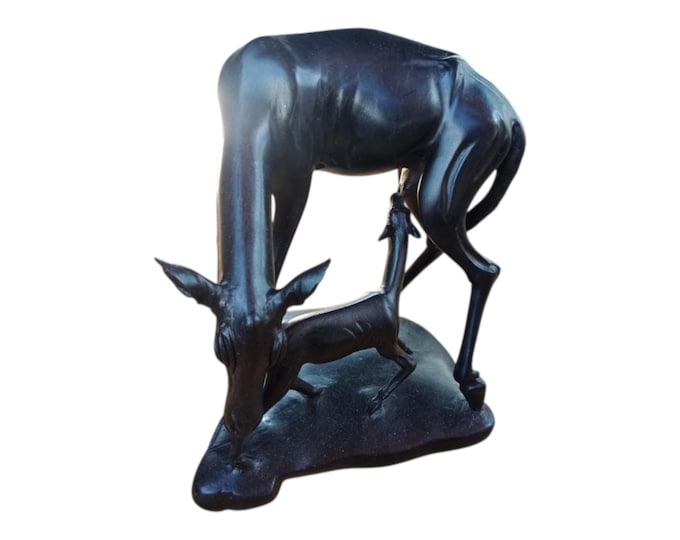 African Antelope and Baby | Swara and Kid | Carving Sculpture | Wooden Antique Vintage African Table Top Ceremonial Black Brown