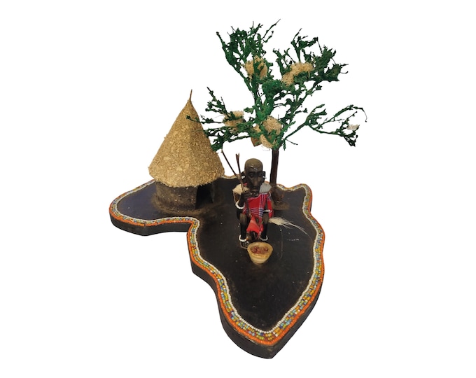 Vintage Handmade African Maasai Village Diorama on Africa Map Base: Cultural Home Decor