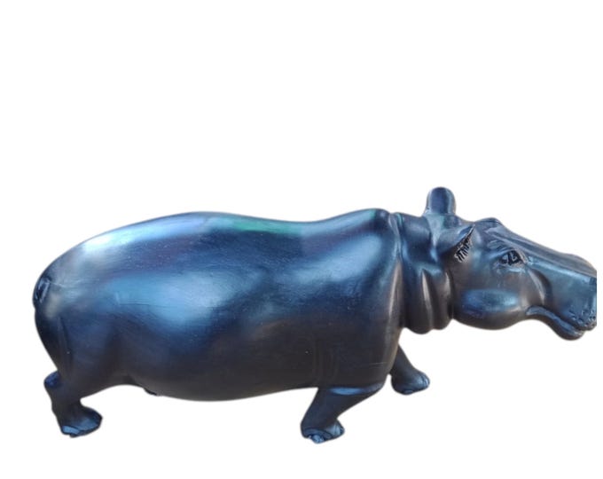 Ebony Wood African Hippo | Mbogo| Carving Sculpture | MotoMoto | Wooden Antique Vintage African Table Top Ceremonial Brown