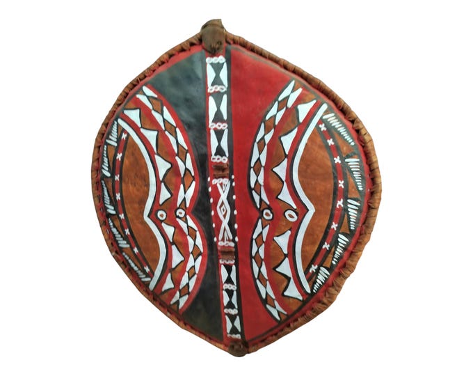 A Hand Painted African Masai Shield Tribal Art Wall Decor Warrior Shield Kenya Red White Black Central Geometric Band Unique Art