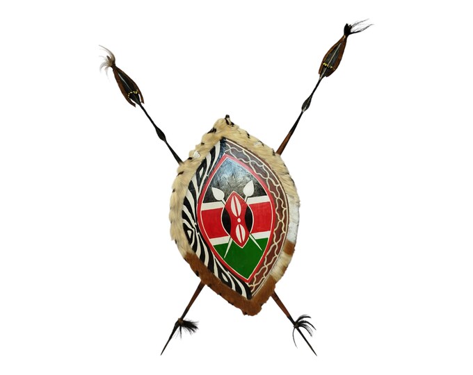 Defend, Hunt & Display: Maasai Bundle (2 Spears, Kenya Flag Shield) 2 maasai Spears and kenya flag shield Easy to dismantle easy carry Brown