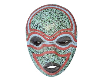West African Beaded Mask: Hand-Carved Wood, Green Red & Blue