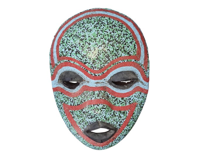 Authentic Serene Ancestor: West African Beaded Mask in Green, Red & Blue  (Hand-Carved Wood) Art gift wood Wall Hanging Home Decor