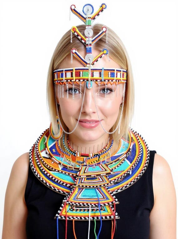 Maasai Wedding Necklace & Headpiece Set: African Bridal Jewelry - Etsy