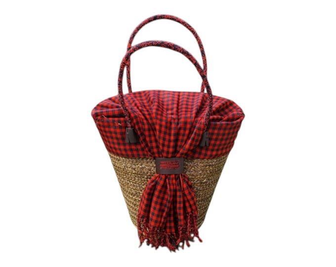 Handcrafted African Sisal Tote Bag, Woven Straw Beach Basket with Red Plaid Cloth Top & Beaded Handles, Summer Tote Gift