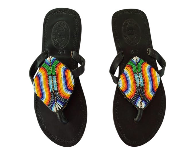 Rainbow Beaded Sandals Women Summer Beach Handmade African Wedding Birthday Gift Diamond Pattern Flip Flops Leather Look Finest Beads Art