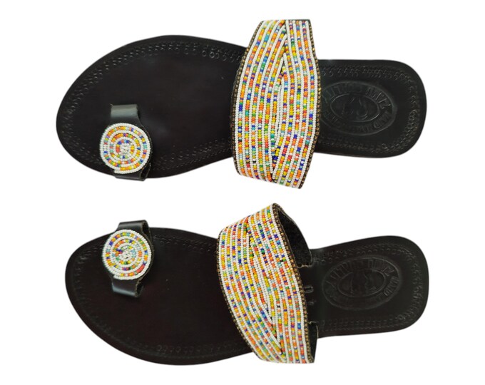 White Rainbow Beaded Toe Loop Sandals Women Summer Beach Handmade African Wedding Birthday Gift Colorful Leather Look Finest Beads Art Wow