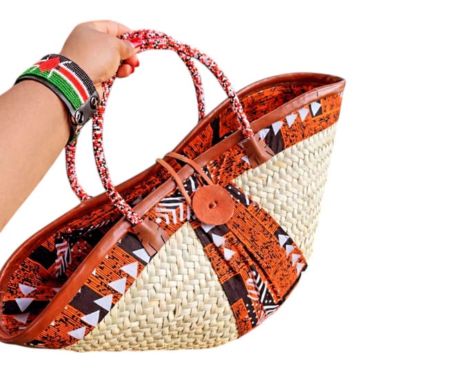 Handcrafted African Sisal Market Tote Bag, Woven Straw Beach Basket with Orange Kitenge Fabric & Beaded Handles, Summer Gift