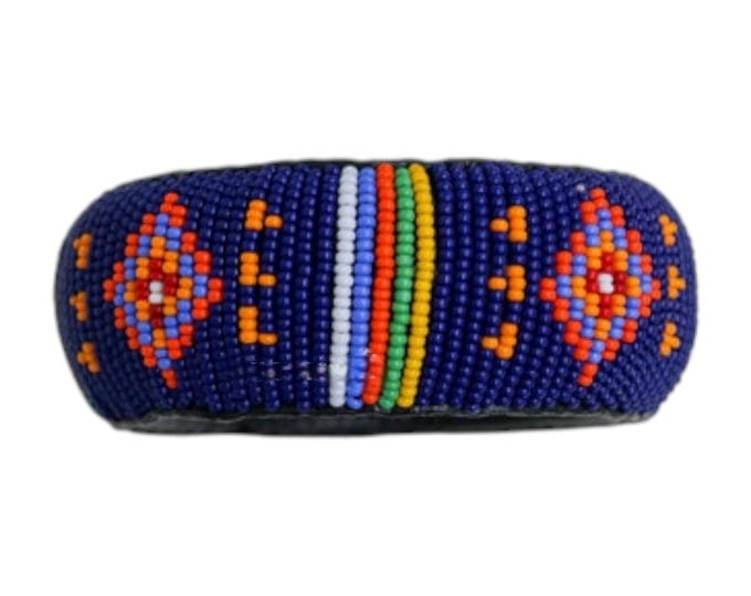 Deep Blue Beaded Cuff Bracelet | Zulu Style Geometric Bangle | African Tribal Seed Bead Jewelry