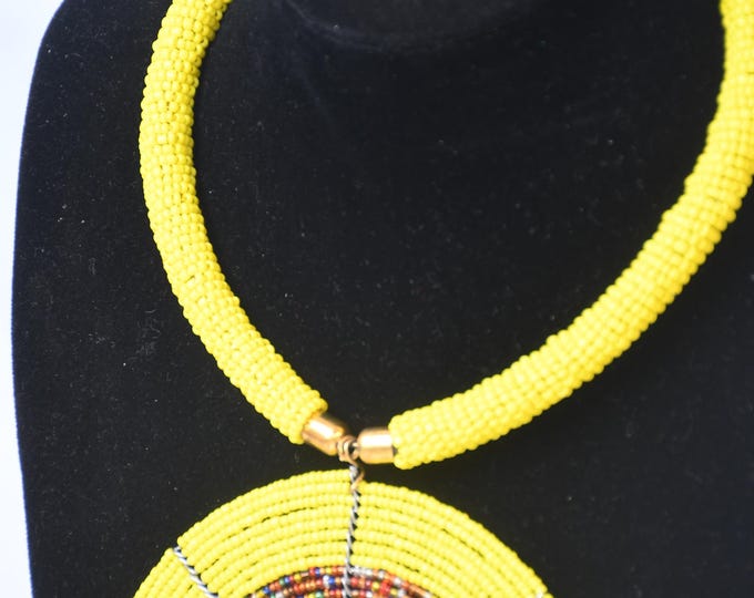 On SALE African Vibrant Yellow Beaded Necklace with Multi-Colored Disc Pendant - Handcrafted Art| Stylish | Gift for Her | Masai Mara