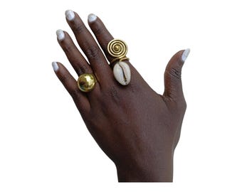 Seashell & Spiral Brass Ring Set - Bohemian Statement Jewelry