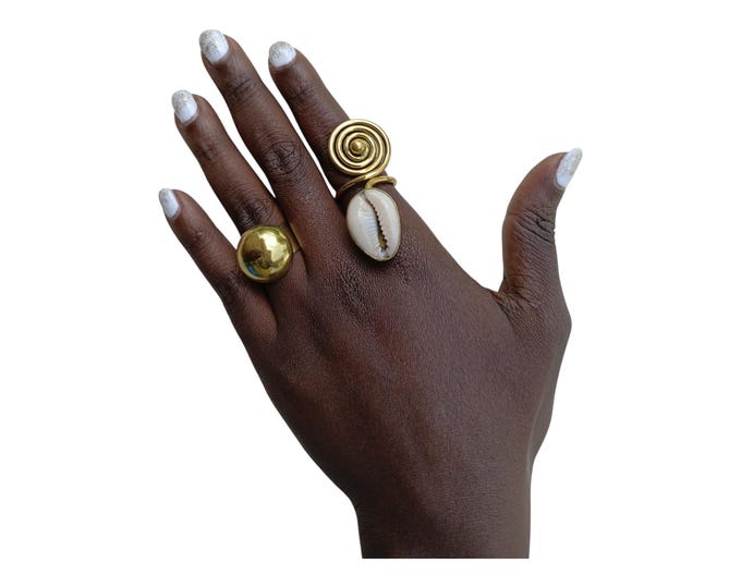 On sale A Set of 2 Seashell & Spiral Brass Ring Set - Unique Statement Jewelry|Stylish| Hand jewelry| Gift for her