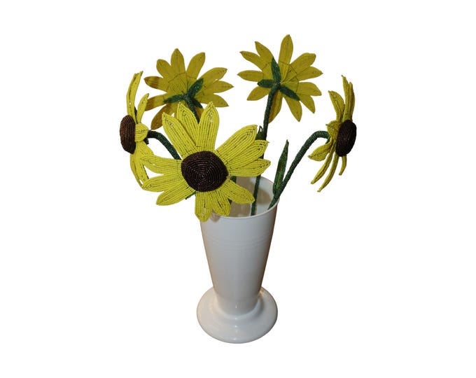 Handcrafted African Beaded Sunflower Bouquet, Yellow and Brown Forever Flowers, Unique Decorative Centerpiece