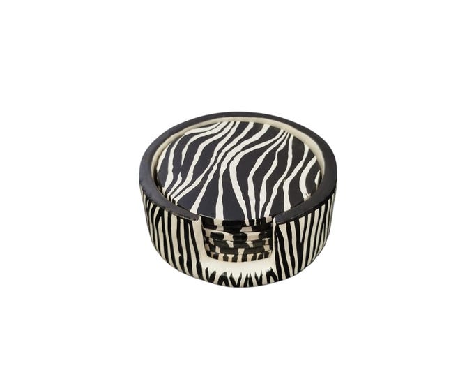 On sale!!  Hand-Painted Wooden Coaster Set with Black & White Zebra Print - African Art Decor|Traditional Decor| Home Decor