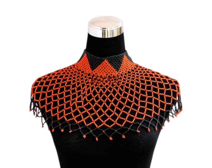 African Orange & Black Beaded Collar Necklace, Geometric Tribal Net Choker, Handcrafted Modern Statement Capelet