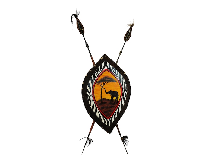Defend & Adorn: Maasai Spear Bundle (2 Spears and Elephant Shield) 2 maasai Spears and kenya flag shield Easy to dismantle easy carry Brown