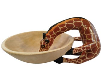 Hand-Carved Jacaranda Wood Giraffe Drinking Water Bowl Stand - Unique African Art Decor - Home Decor