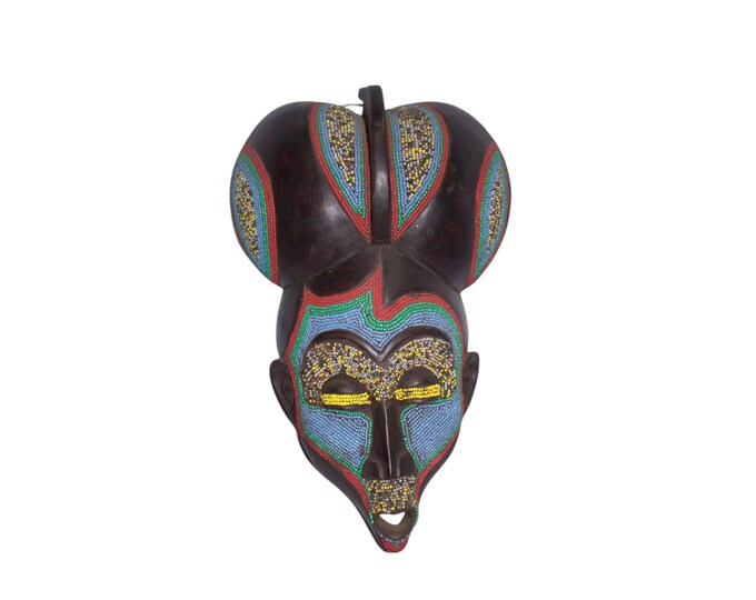 African Wooden Lualua Mask Wood Antique Vintage African Wall Hanging Ceremonial Multicolored Beaded Mask Home Decor